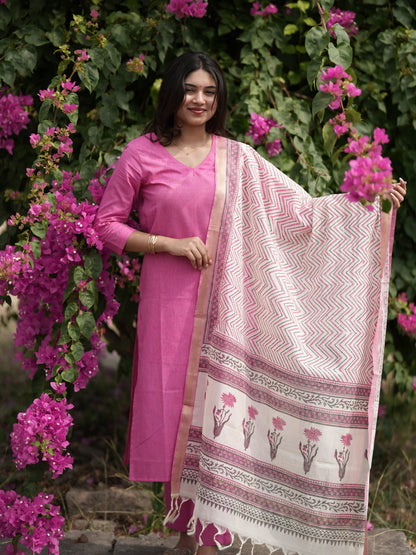 Soft Pink South Cotton Suit Set with Block Printed Dupatta (3Pcs.)