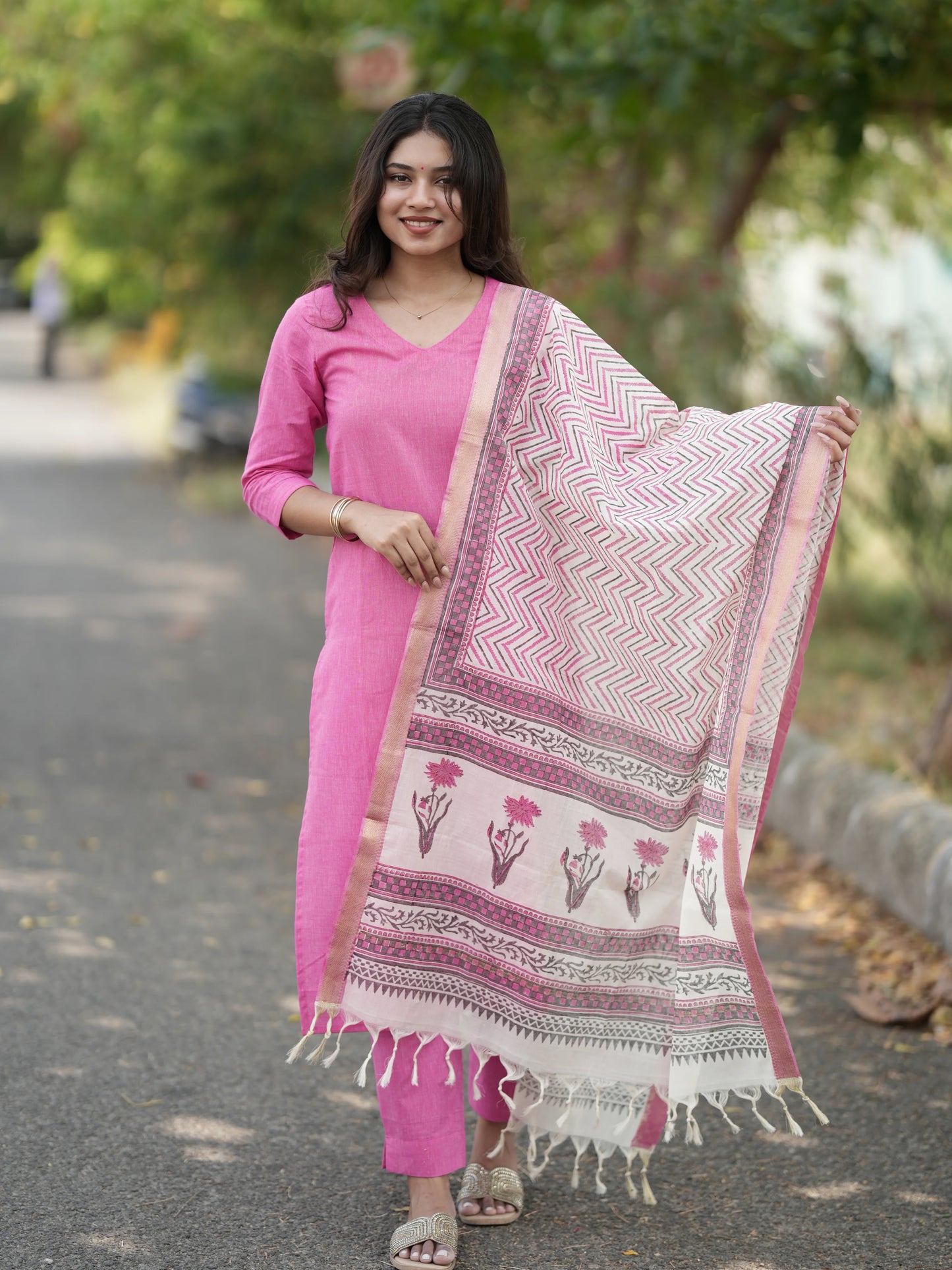 Soft Pink South Cotton Suit Set with Block Printed Dupatta (3Pcs.)