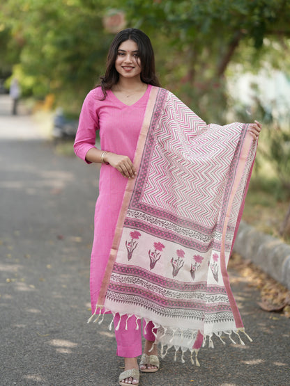 Soft Pink South Cotton Suit Set with Block Printed Dupatta (3Pcs.)