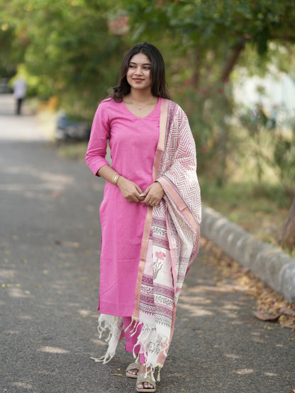 Soft Pink South Cotton Suit Set with Block Printed Dupatta (3Pcs.)