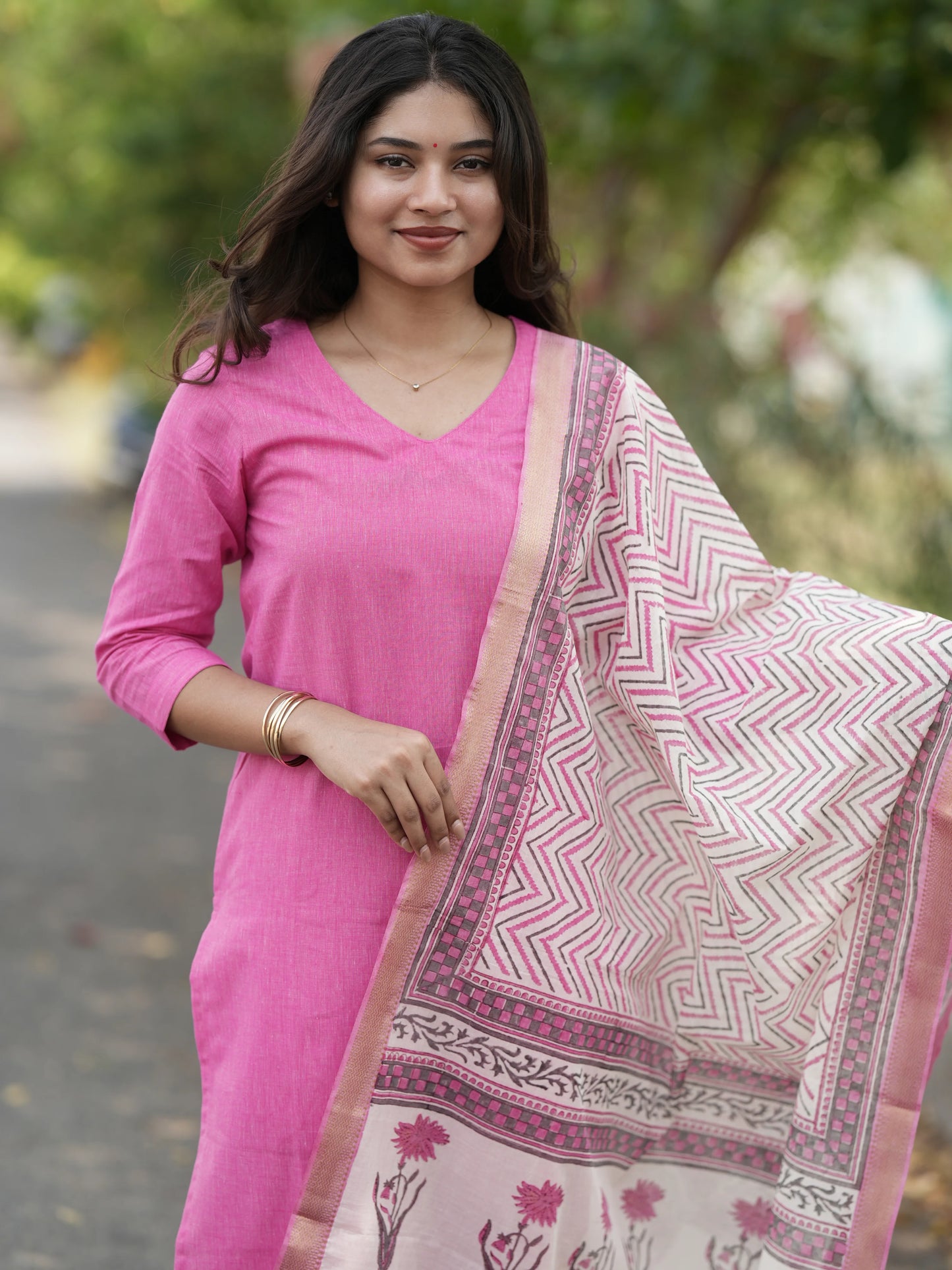 Soft Pink South Cotton Suit Set with Block Printed Dupatta (3Pcs.)