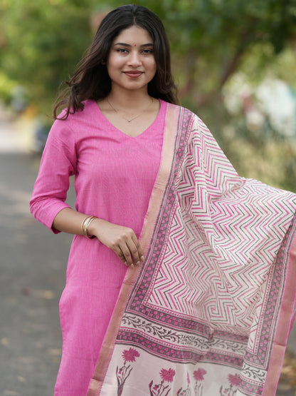 Soft Pink South Cotton Suit Set with Block Printed Dupatta (3Pcs.)