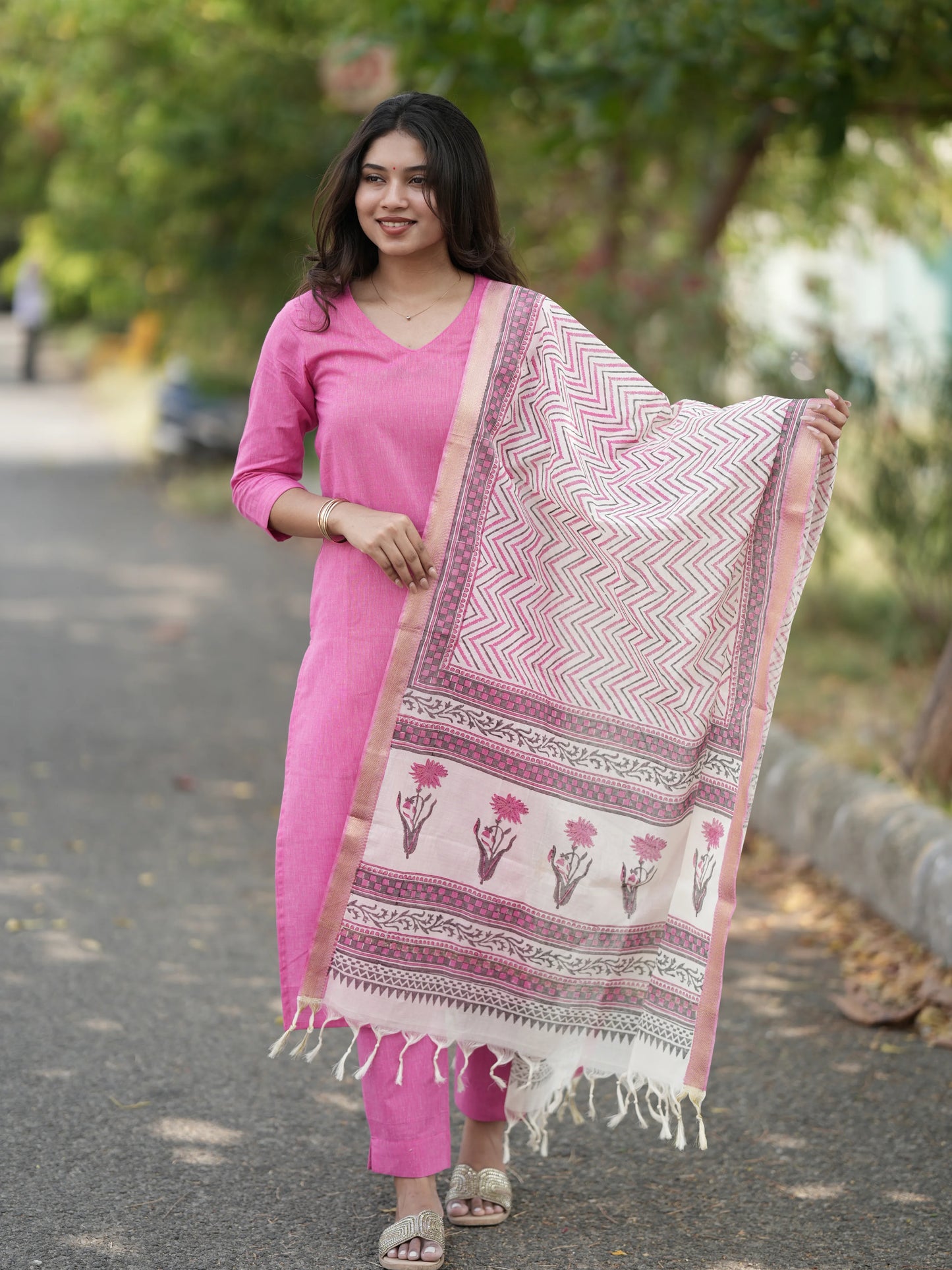 Soft Pink South Cotton Suit Set with Block Printed Dupatta (3Pcs.)