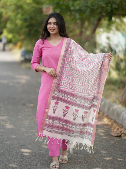 Soft Pink South Cotton Suit Set with Block Printed Dupatta (3Pcs.)