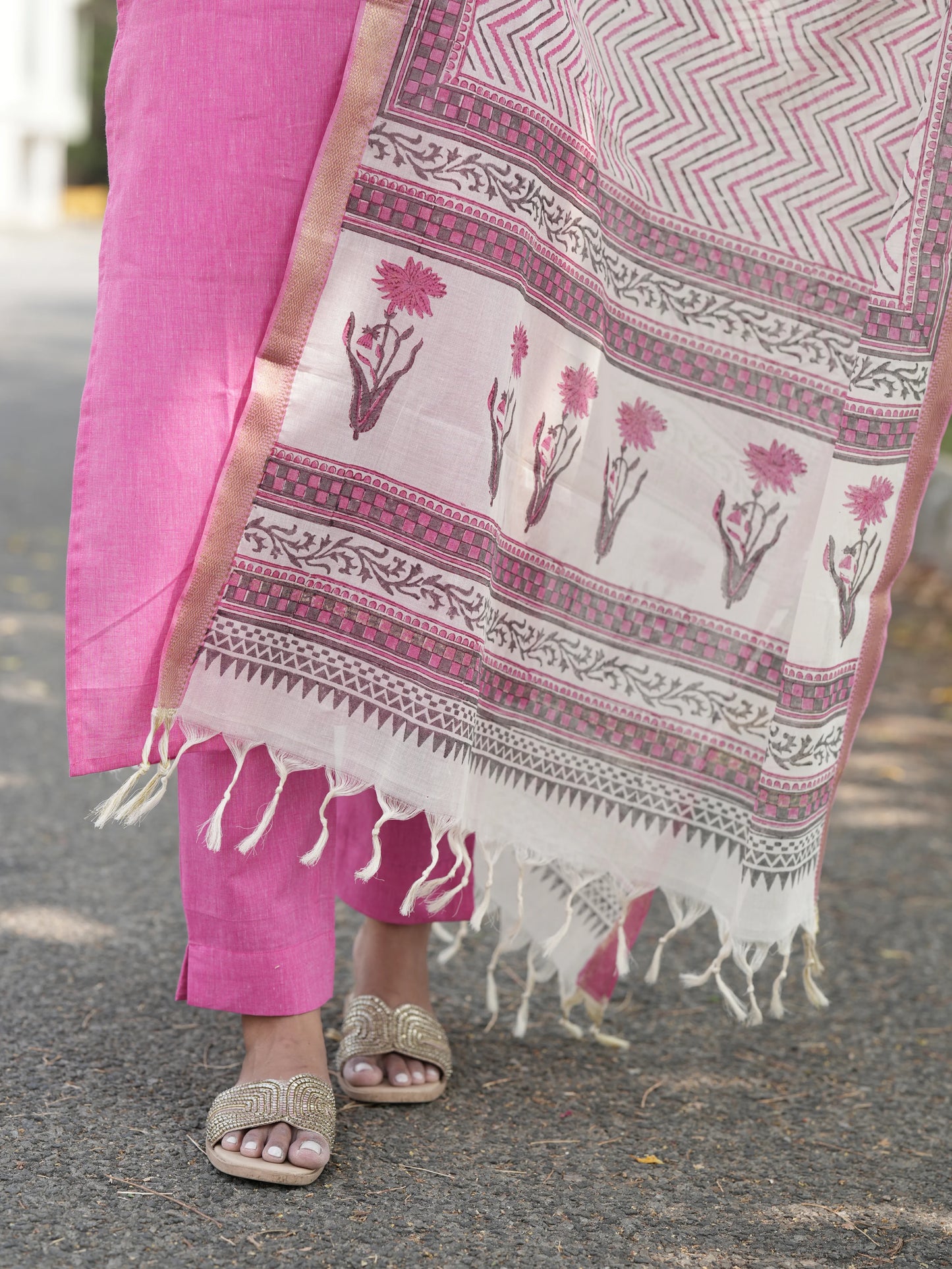 Soft Pink South Cotton Suit Set with Block Printed Dupatta (3Pcs.)