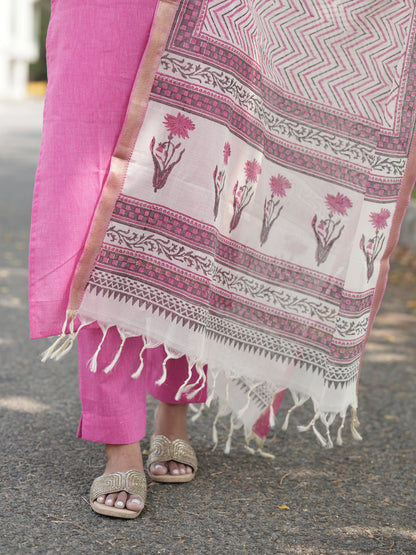 Soft Pink South Cotton Suit Set with Block Printed Dupatta (3Pcs.)