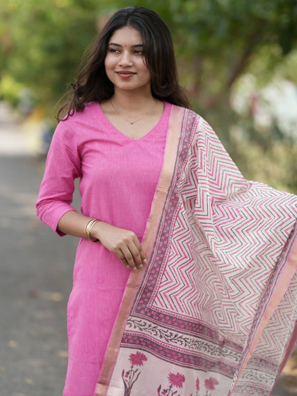 Soft Pink South Cotton Suit Set with Block Printed Dupatta (3Pcs.)