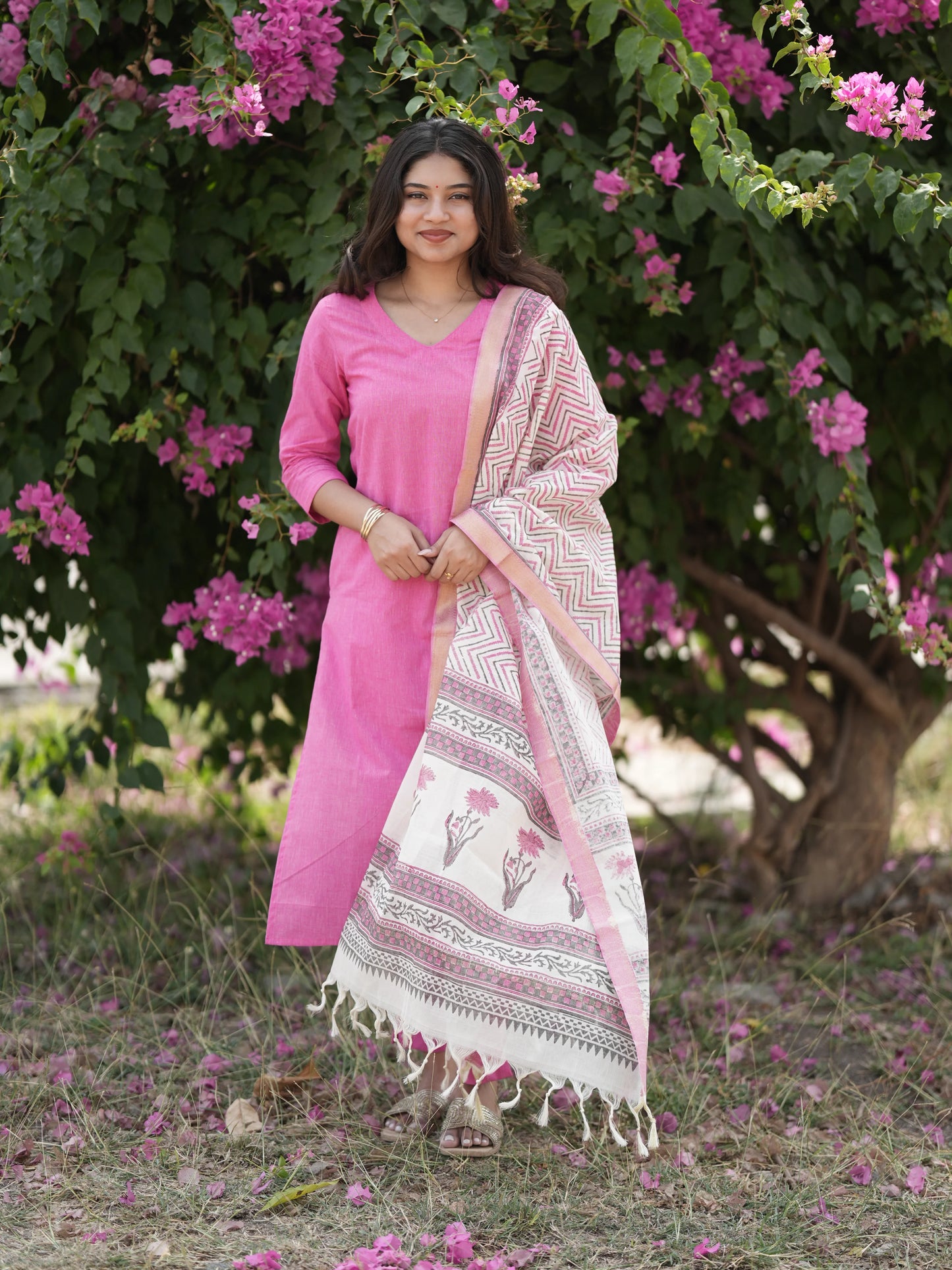 Soft Pink South Cotton Suit Set with Block Printed Dupatta (3Pcs.)