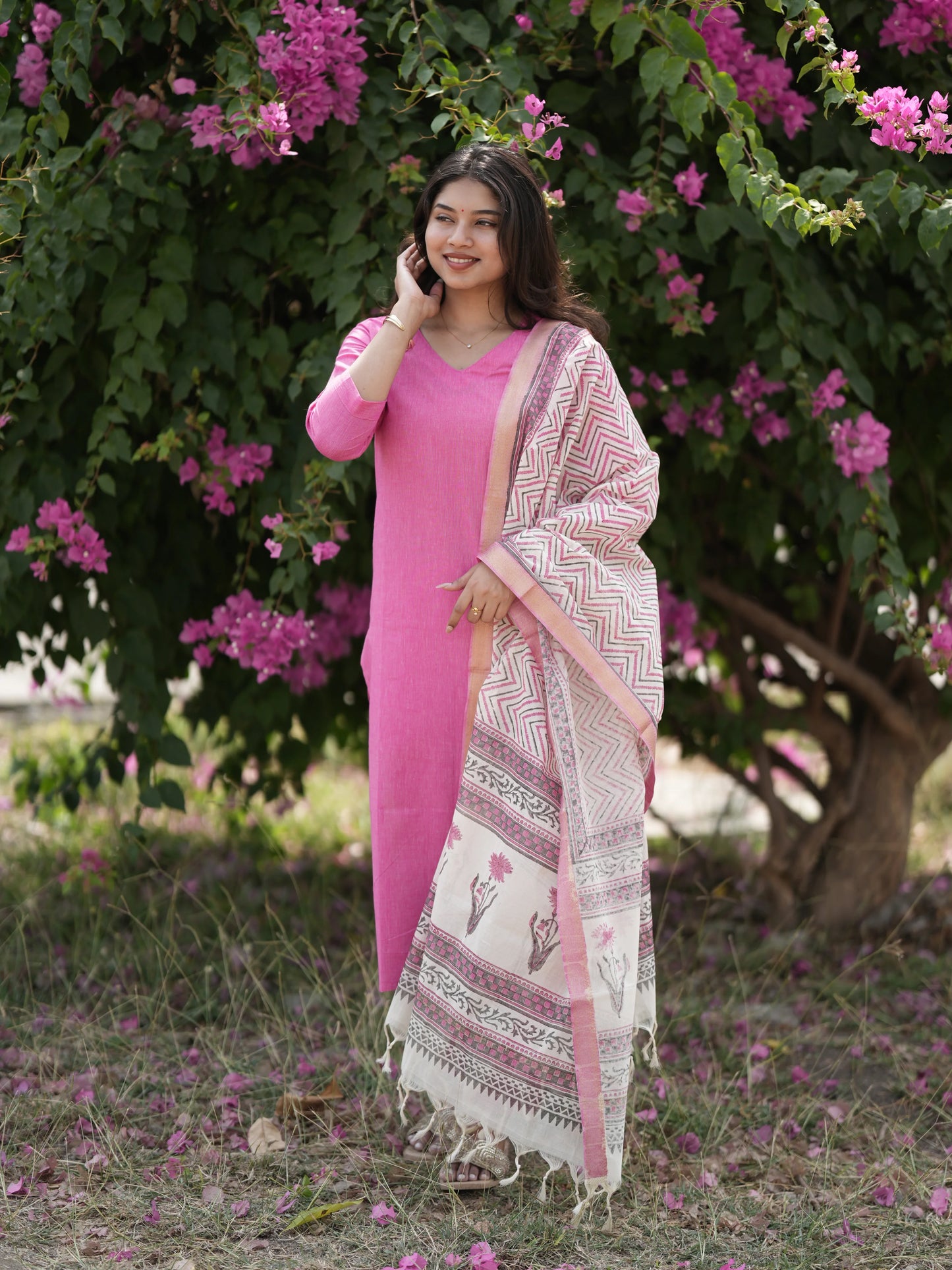Soft Pink South Cotton Suit Set with Block Printed Dupatta (3Pcs.)