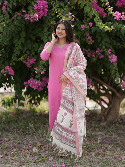Soft Pink South Cotton Suit Set with Block Printed Dupatta (3Pcs.)
