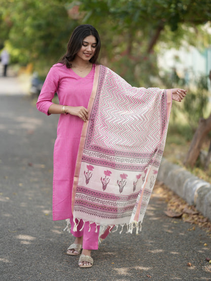 Soft Pink South Cotton Suit Set with Block Printed Dupatta (3Pcs.)