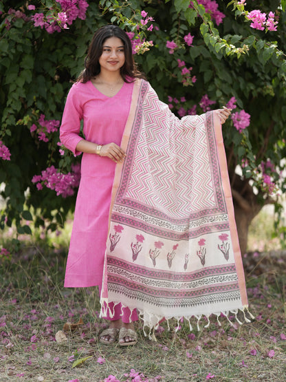 Soft Pink South Cotton Suit Set with Block Printed Dupatta (3Pcs.)