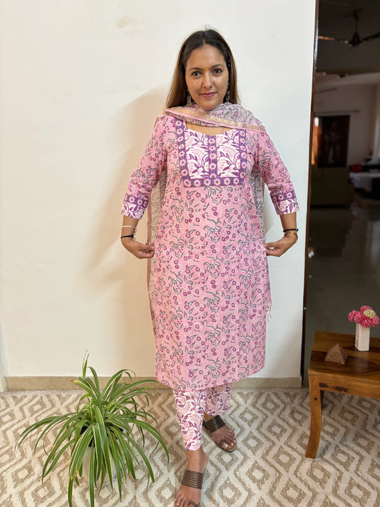 Pink and Purple Floral Cotton Suit Set