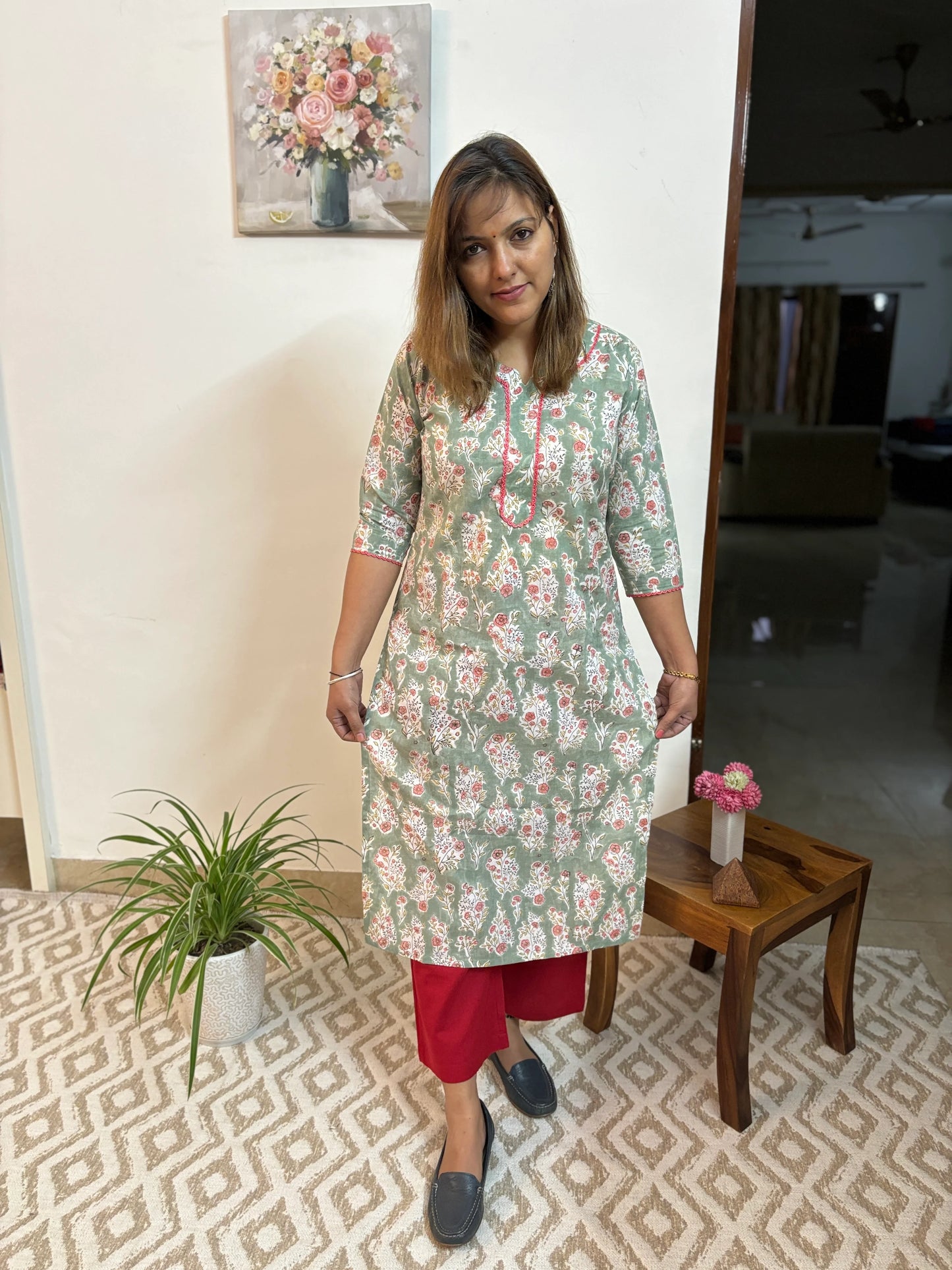 Pista Green Hand Block printed Cotton Kurta