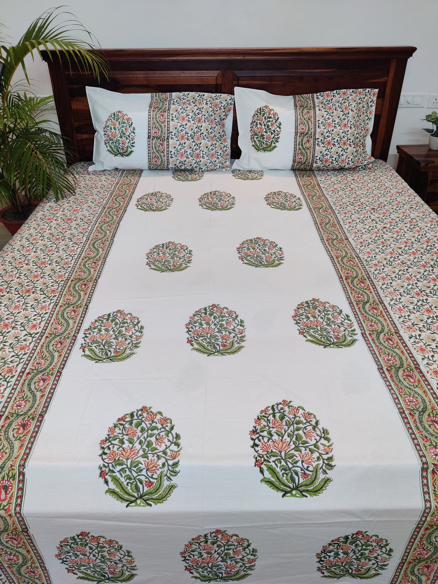 Premium Hand Block Printed Green & Rust Orange Floral COTTON Bedsheet with Reversible 2 Pillow Covers