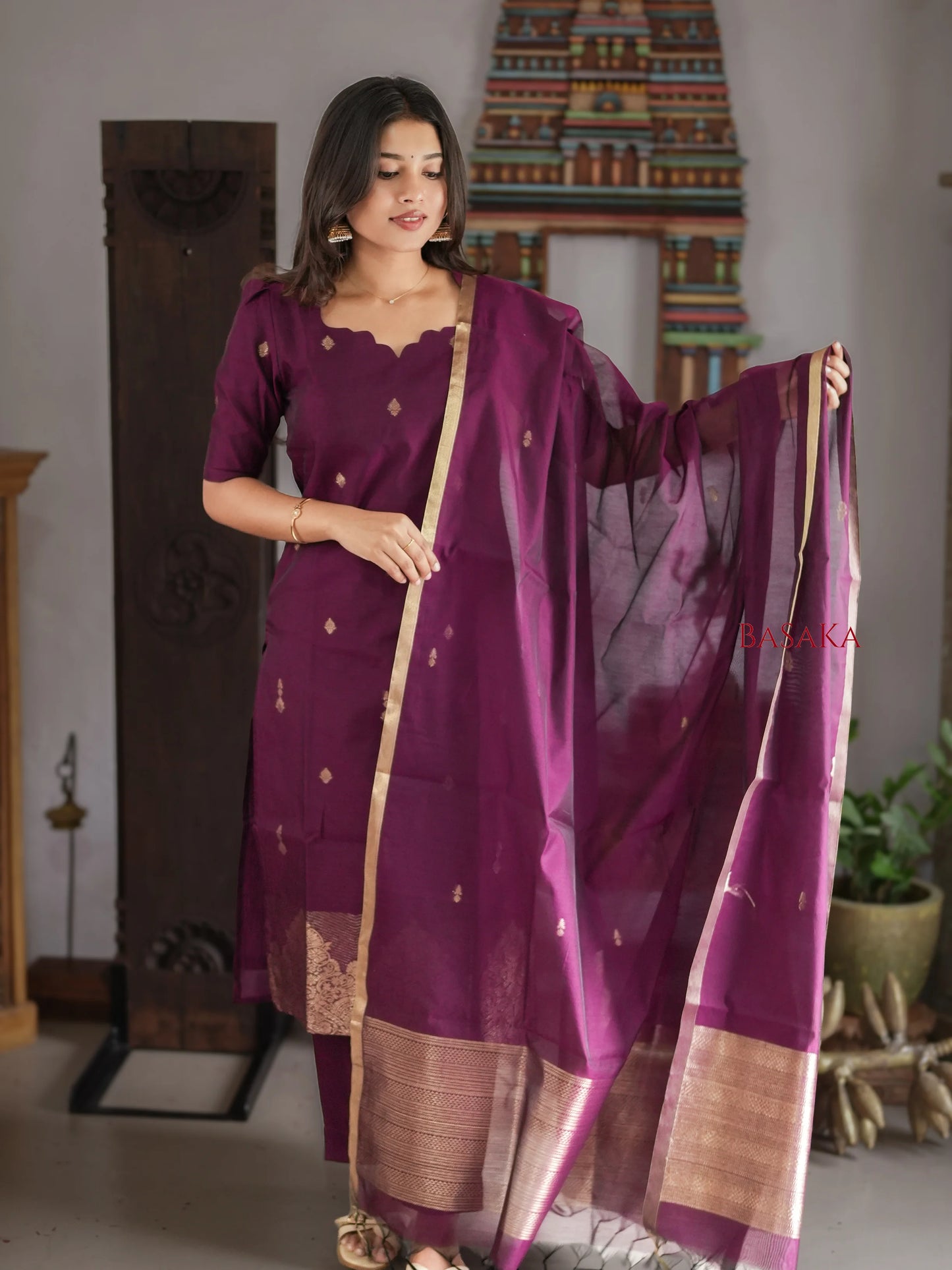 Deep Purple Kora Silk Suit Set (3 Pcs) with lining