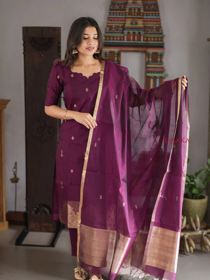 Deep Purple Kora Silk Suit Set (3 Pcs) with lining