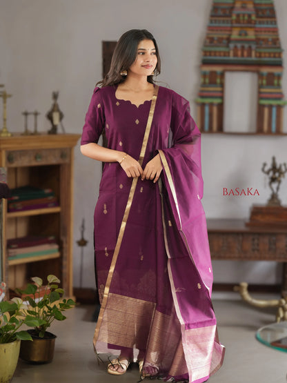 Deep Purple Kora Silk Suit Set (3 Pcs) with lining