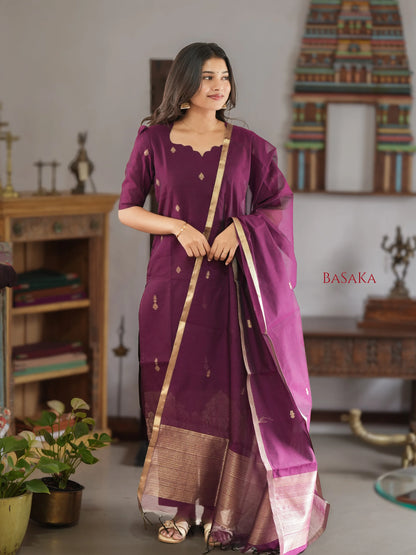 Deep Purple Kora Silk Suit Set (3 Pcs) with lining