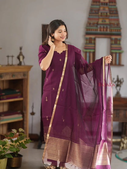 Deep Purple Kora Silk Suit Set (3 Pcs) with lining