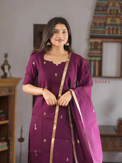 Deep Purple Kora Silk Suit Set (3 Pcs) with lining