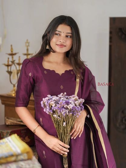 Deep Purple Kora Silk Suit Set (3 Pcs) with lining