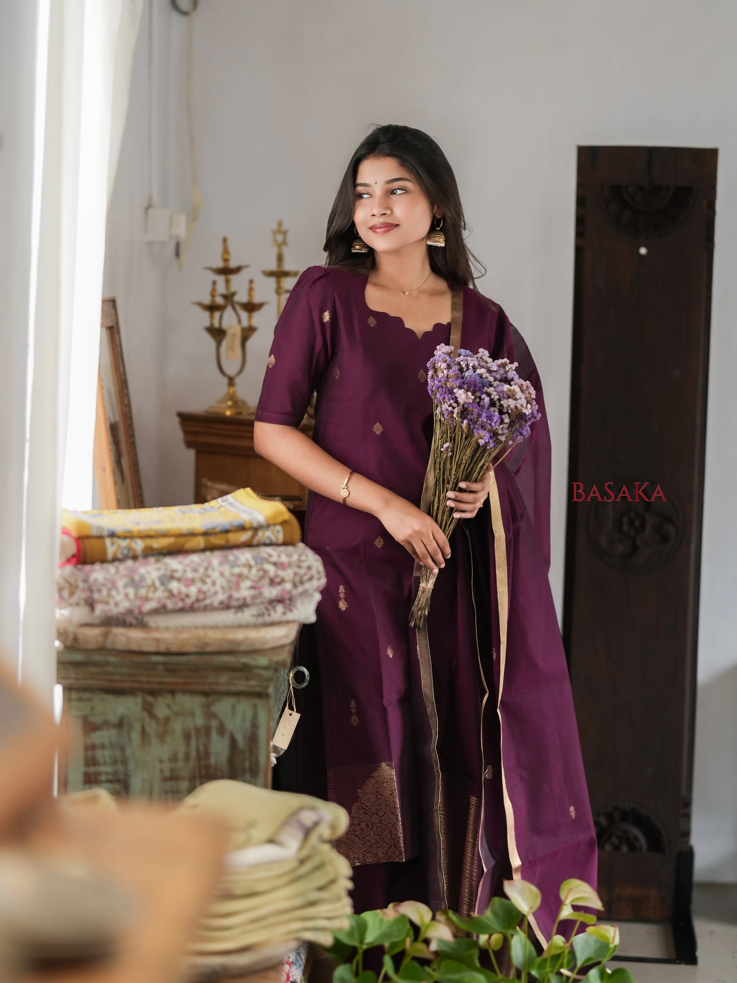 Deep Purple Kora Silk Suit Set (3 Pcs) with lining