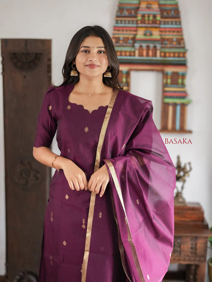 Deep Purple Kora Silk Suit Set (3 Pcs) with lining