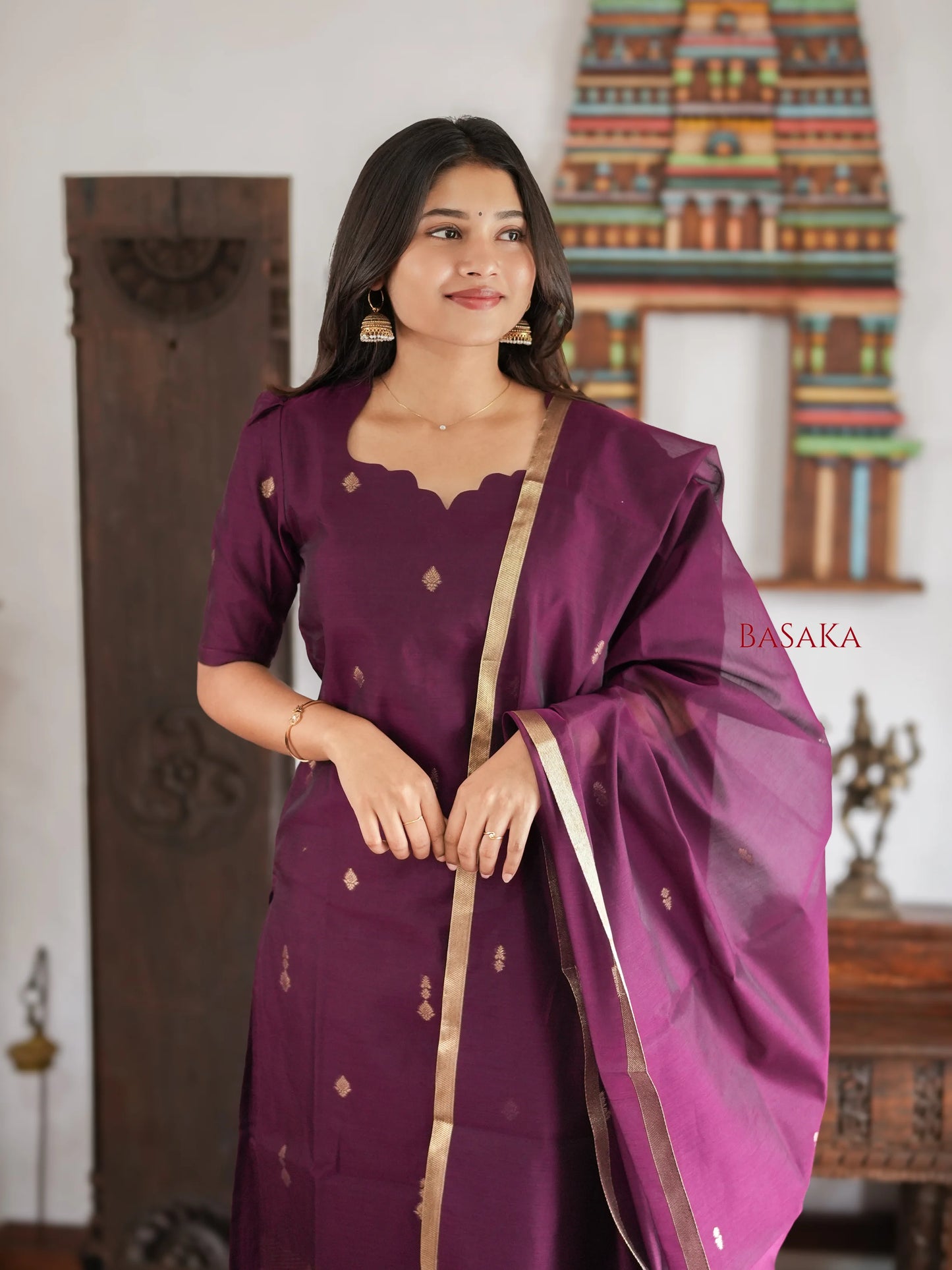 Deep Purple Kora Silk Suit Set (3 Pcs) with lining