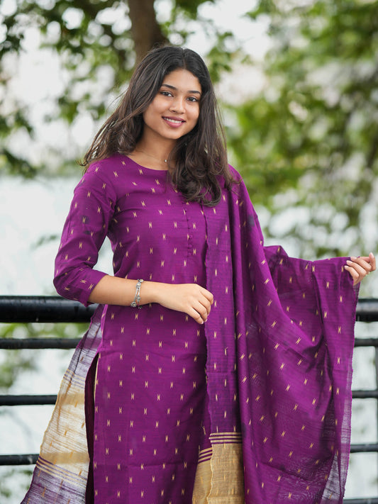 Purple Soft Raw Silk Suit Set (3 Pcs.) with Lining