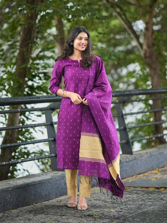 Purple Soft Raw Silk Suit Set (3 Pcs.) with Lining