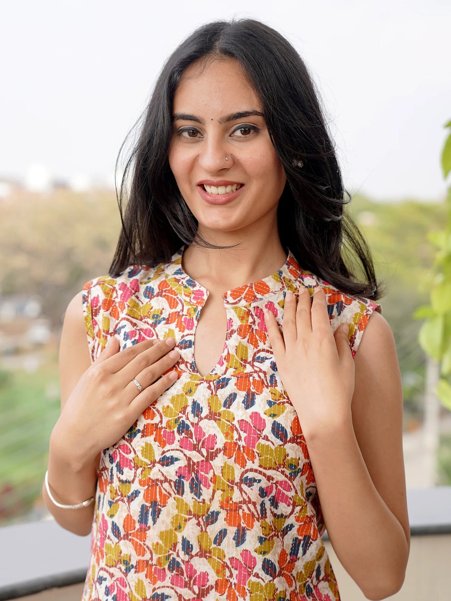Rainbow Bloom Sleeveless Kantha COTTON Kurta