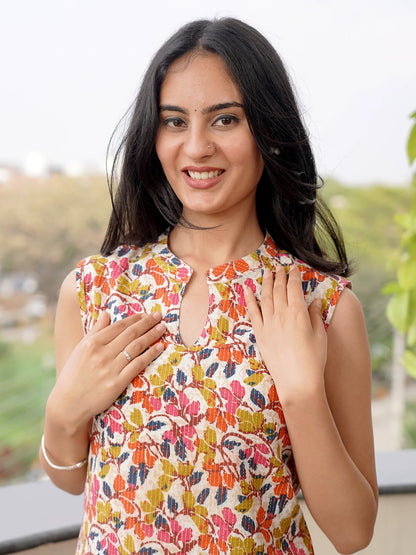 Rainbow Bloom Sleeveless Kantha COTTON Kurta