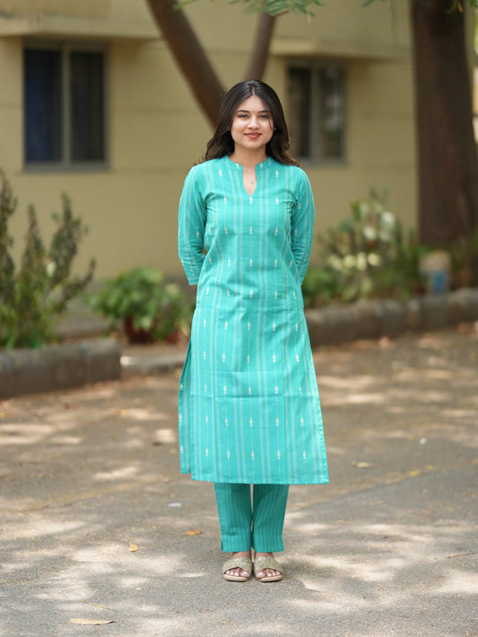 Bright Turquoise South Cotton Kurta Set (2 Pcs.)