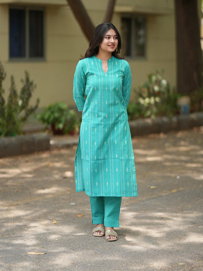 Bright Turquoise South Cotton Kurta Set (2 Pcs.)