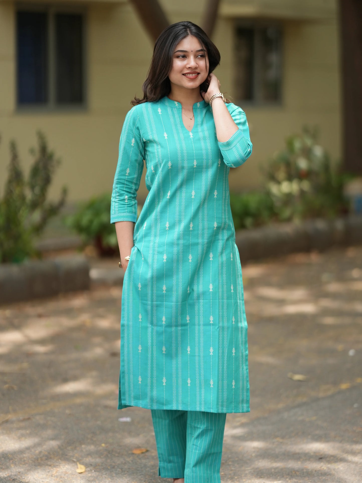 Bright Turquoise South Cotton Kurta Set (2 Pcs.)