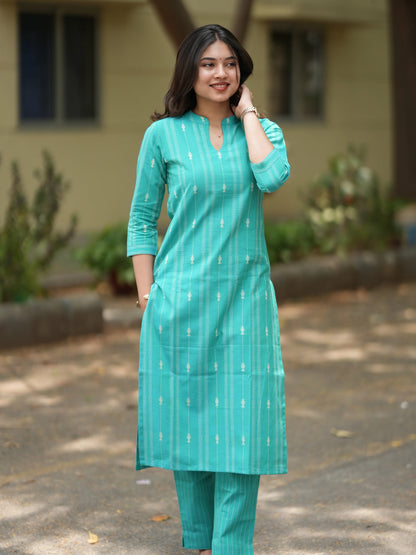 Bright Turquoise South Cotton Kurta Set (2 Pcs.)