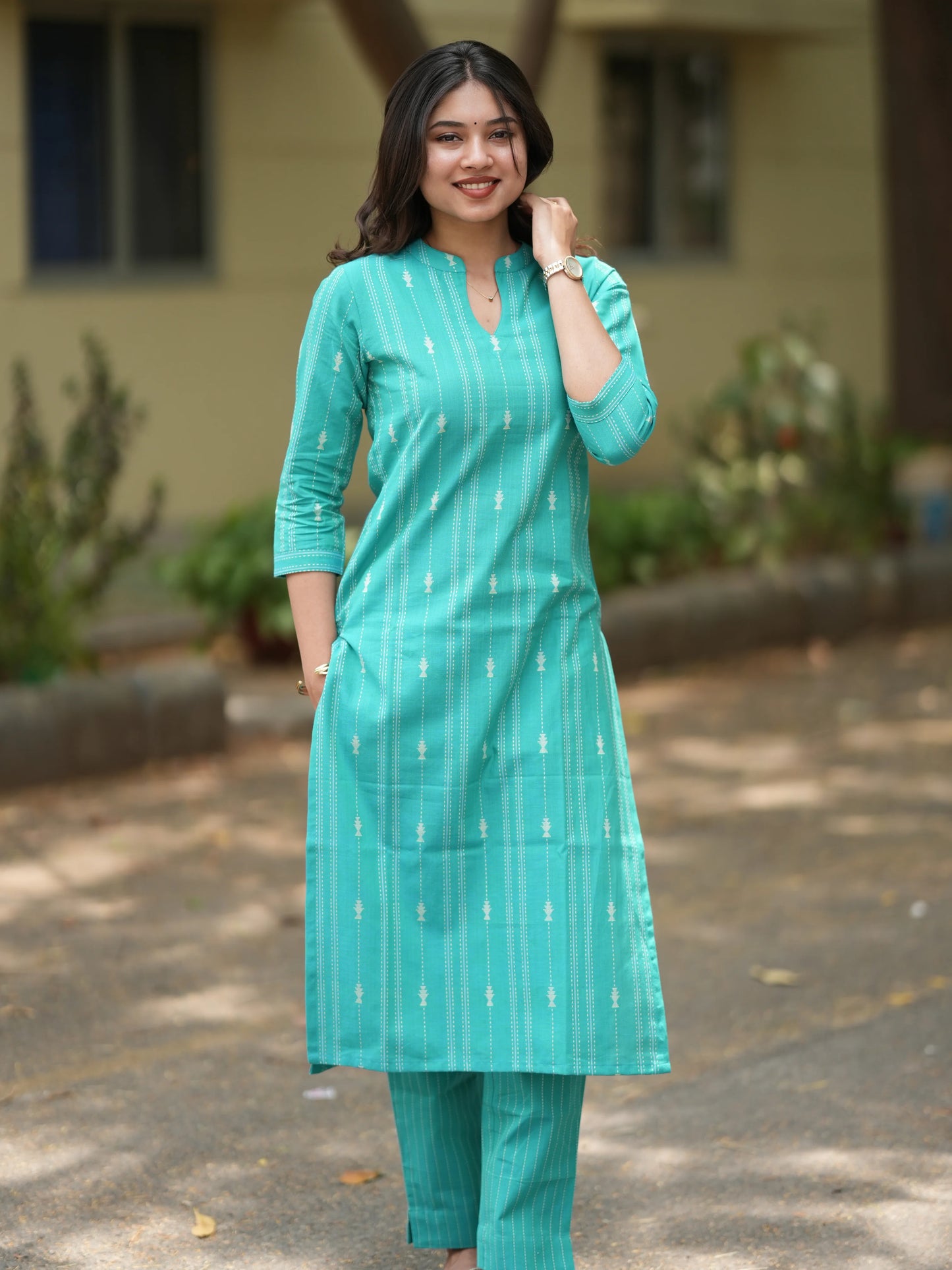 Bright Turquoise South Cotton Kurta Set (2 Pcs.)