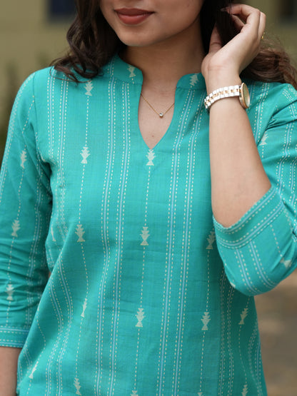Bright Turquoise South Cotton Kurta Set (2 Pcs.)