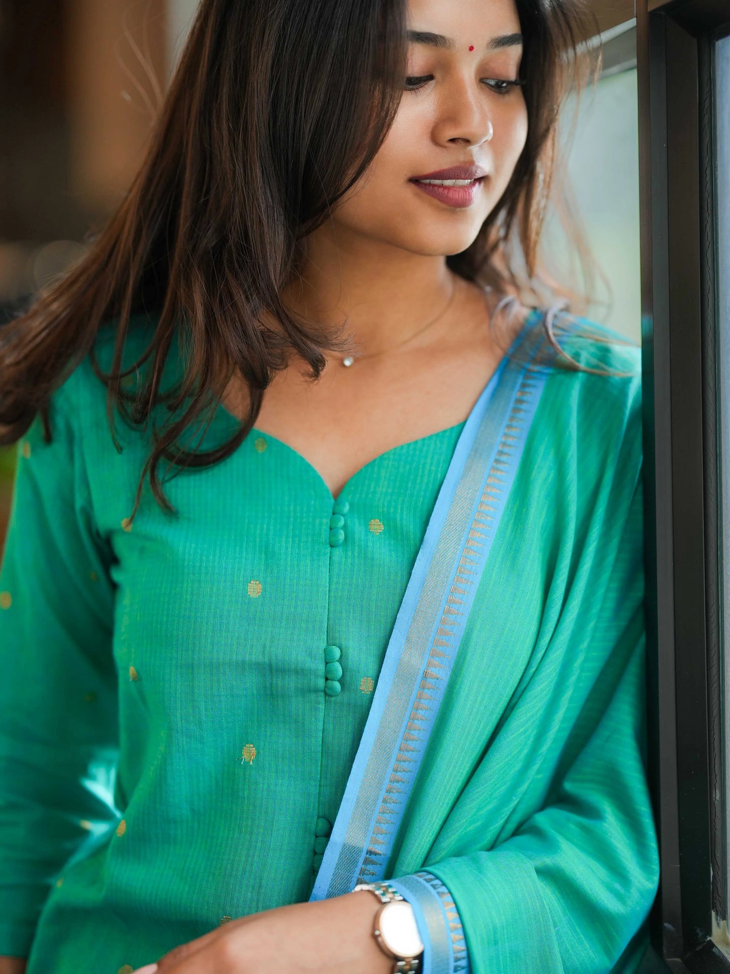 Rama Green South Cotton Handloom Suit Set (3Pcs.) with lining