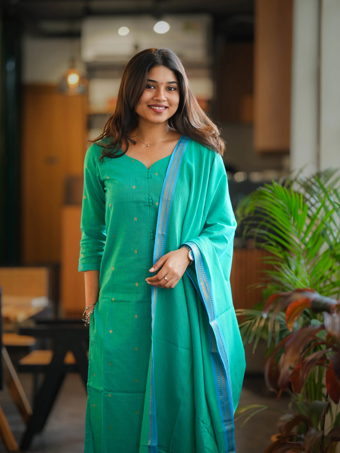 Rama Green South Cotton Handloom Suit Set (3Pcs.) with lining