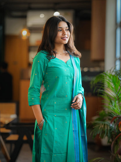 Rama Green South Cotton Handloom Suit Set (3Pcs.) with lining