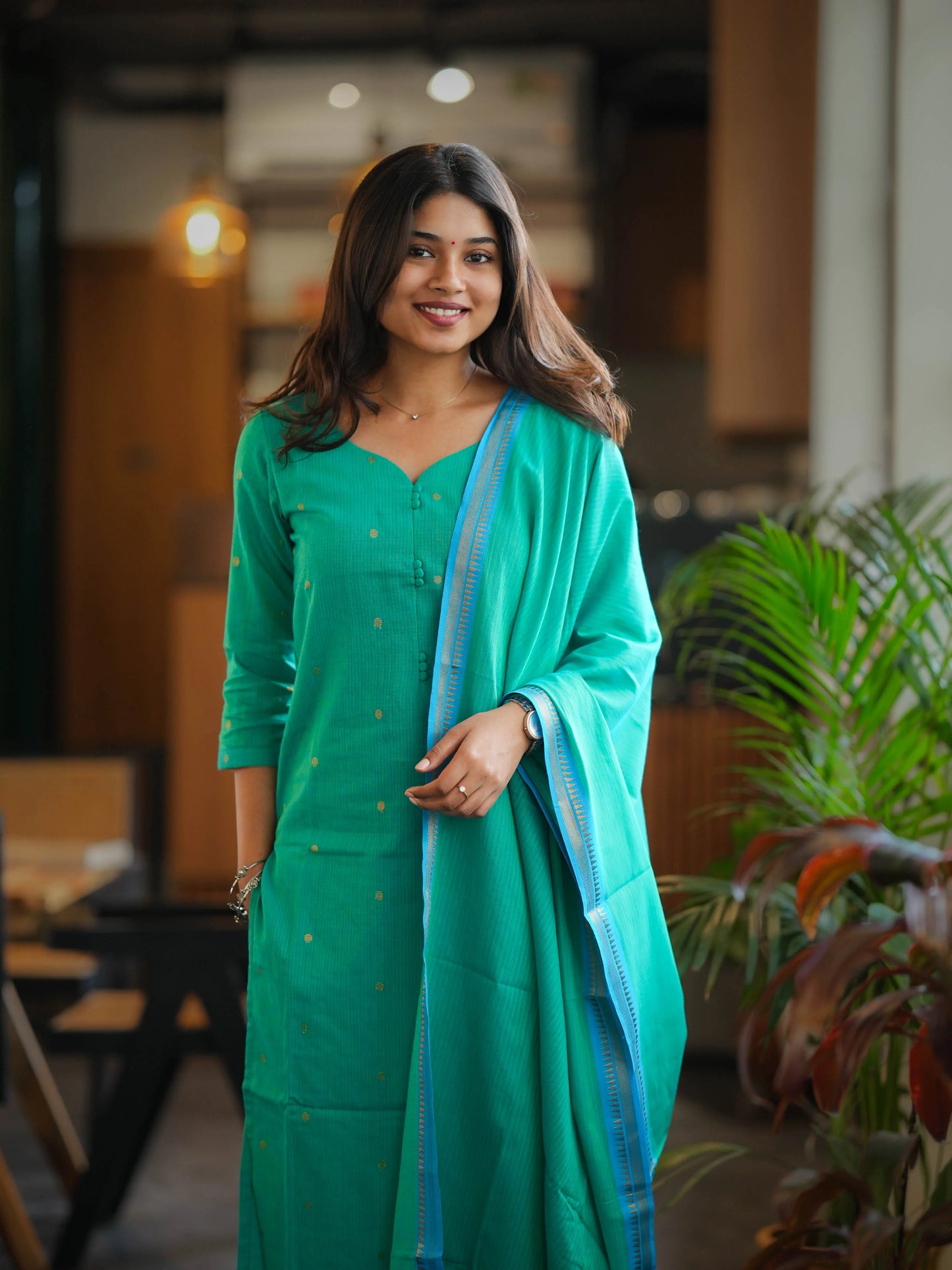 Rama Green South Cotton Handloom Suit Set (3Pcs.) with lining