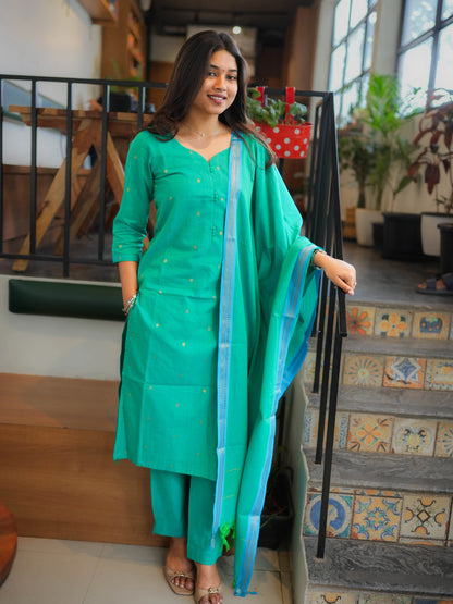 Rama Green South Cotton Handloom Suit Set (3Pcs.) with lining