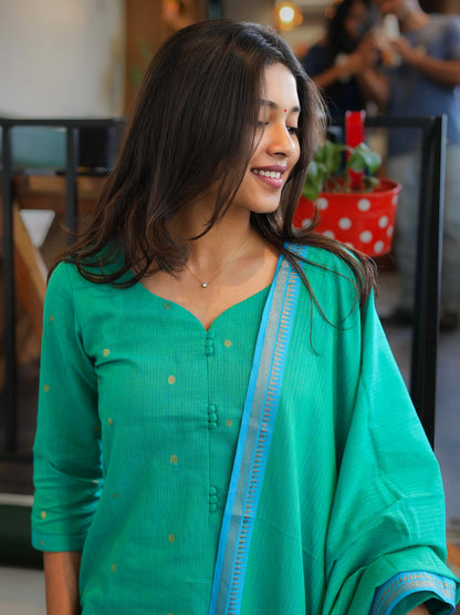 Rama Green South Cotton Handloom Suit Set (3Pcs.) with lining