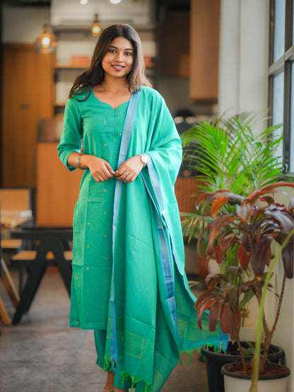 Rama Green South Cotton Handloom Suit Set (3Pcs.) with lining
