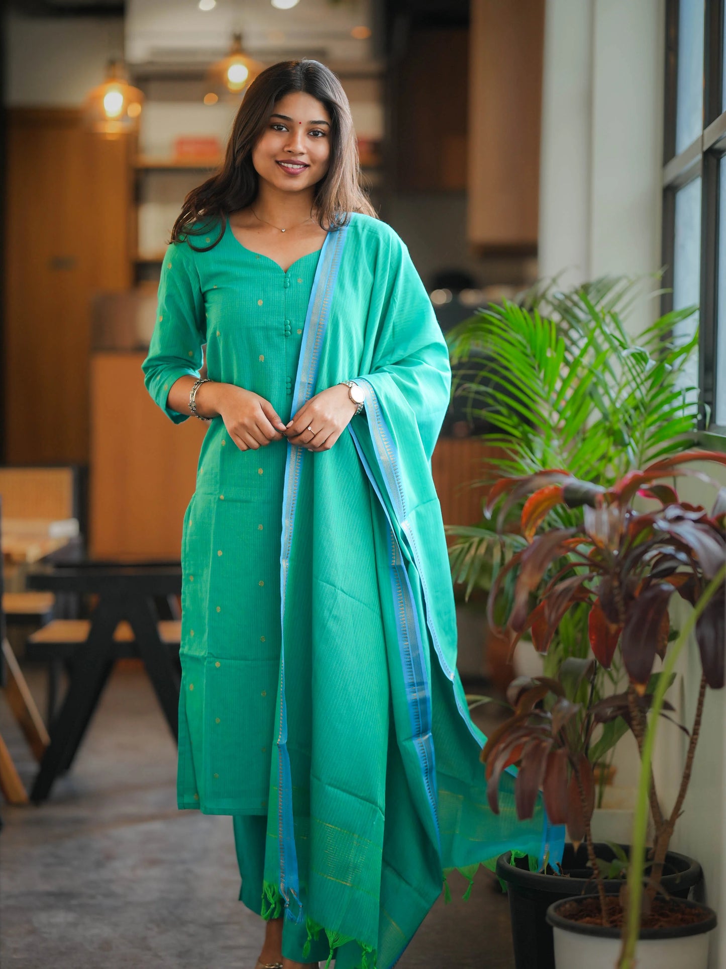 Rama Green South Cotton Handloom Suit Set (3Pcs.) with lining