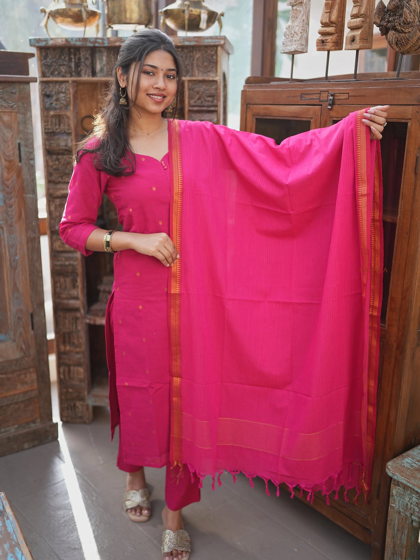 Rani Pink South Cotton Suit Set (3Pcs.) with lining