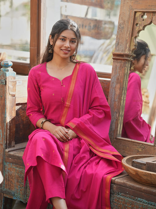 Rani Pink South Cotton Suit Set (3Pcs.) with lining