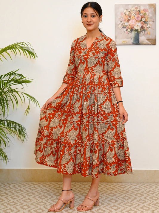 Red Earth Elegance Kalamkari COTTON Tiered Dress